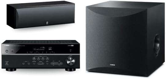 YAMAHA RX-V385 5.1-Channel 4K Ultra HD AV Receiver with NS-SW100BL 10' 100W Powered Subwoofer, Black and NS-C210BL Center Channel Speaker, Black