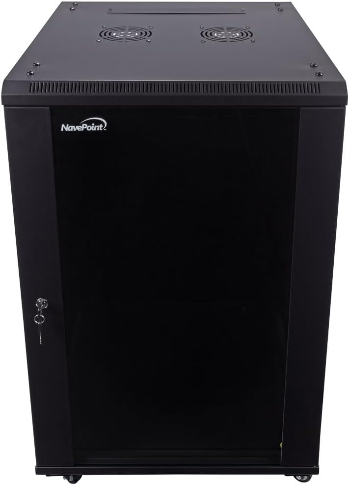 NavePoint 18U Server Cabinet Wall Mount Rack Enclosure with Caster Wheels, 2 Fans, Locking Glass Door, Removable Side Panels – 18U Network Cabinet 23.6' Deep, 19' Server Rack for IT Equipment