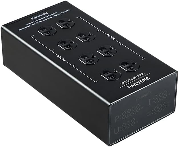 Black 8-Way AC Power Filter with LED Display, Line Conditioner, Noise Filtering, Overvoltage Protection, Suitable for HiFi, TV, Piano