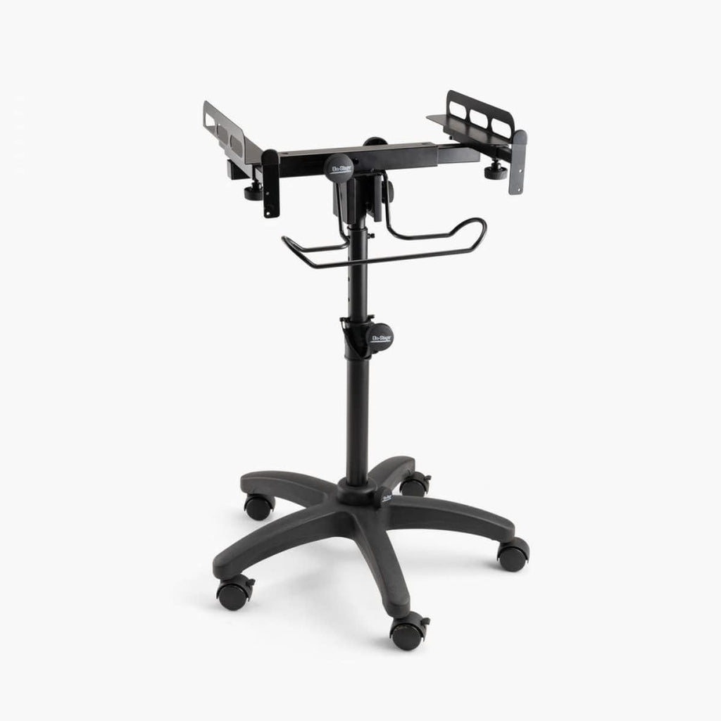 OnStage MIX-400 V2 Mobile Mixer Stand: Rolling platform for mixers, laptops, controllers. Height adjustable (28'-38'), rackmount compatible, headphone hanger. Portable, black finish.