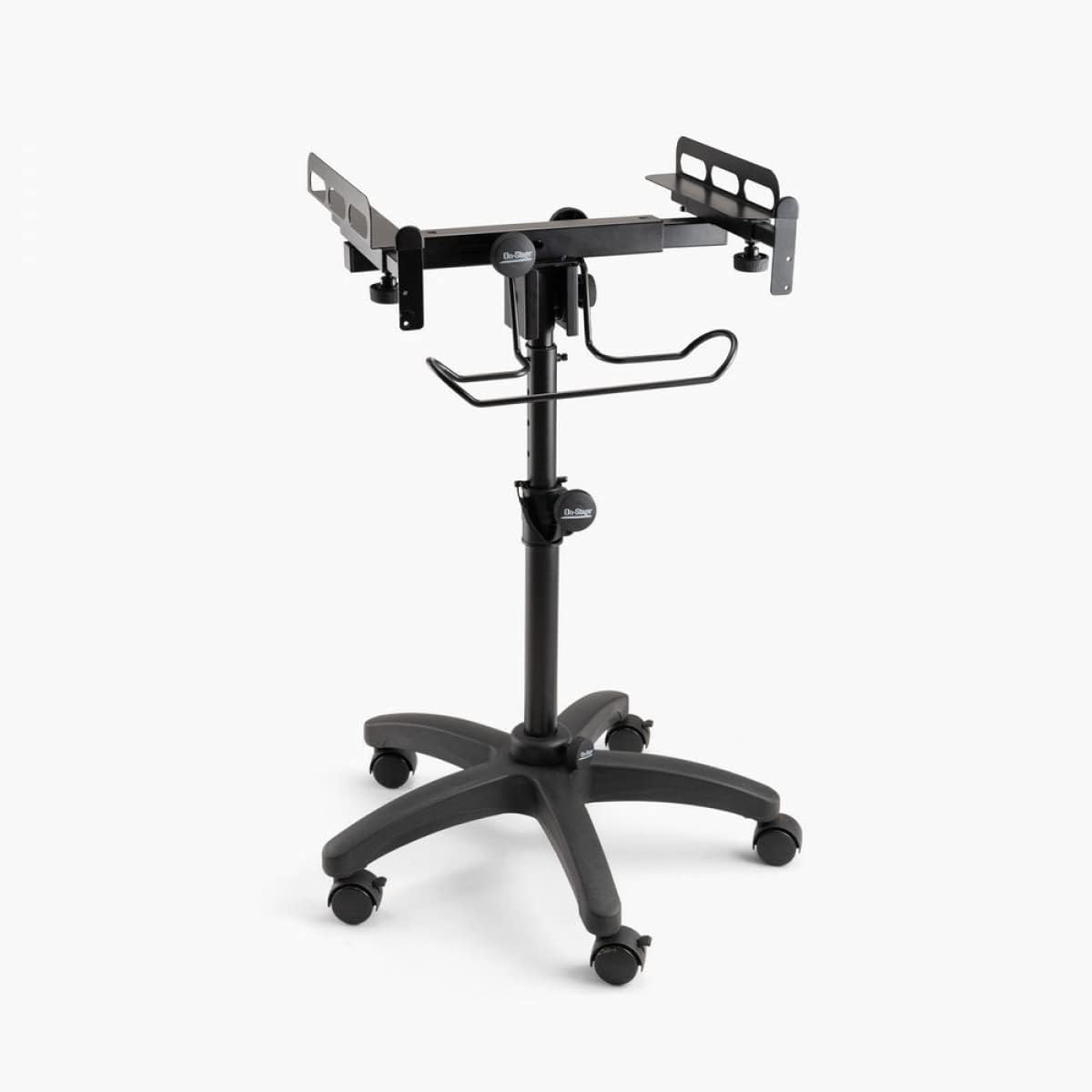 OnStage MIX-400 V2 Mobile Mixer Stand: Rolling platform for mixers, laptops, controllers. Height adjustable (28'-38'), rackmount compatible, headphone hanger. Portable, black finish.