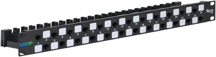 ICC 24-Port CAT6A Keystone 1U Patch Panel with CAT6A Keystone Jacks, 19' Rackmount Housing and Cable Support Bar, Staggered Ports to Reduce ANEXT, UL Listed PoE++ Compliant, ICMPP246AU
