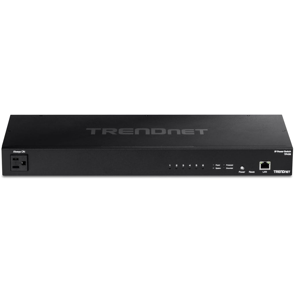 TRENDnet 6-Outlet Managed PDU, TPI-06, Rackmount Power Distribution Unit, UL Certified, 1 x NEMA 5-15R Bypass Power Outlet, 1 x Gigabit RJ-45 Port, Overload Protection, Surge Protection 2160J, Black