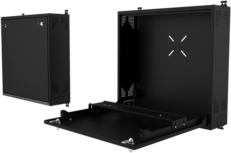 Wall-Mount DVR/NVR Security Enclosure, Lockable Steel Cabinet with 1U Adjustable Rail, Ventilated, 22″ W × 21.2″ H × 5.9″ D, Black (RAL 9005) – STURDX