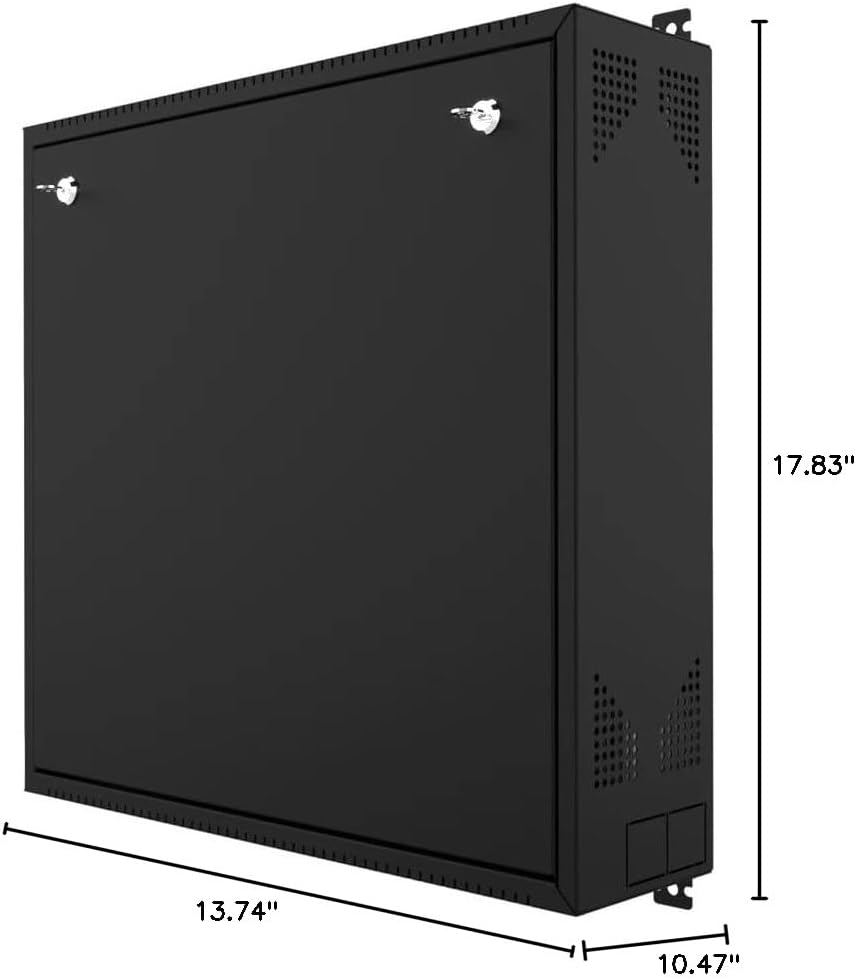 Wall-Mount DVR/NVR Security Enclosure, Lockable Steel Cabinet with 1U Adjustable Rail, Ventilated, 22″ W × 21.2″ H × 5.9″ D, Black (RAL 9005) – STURDX