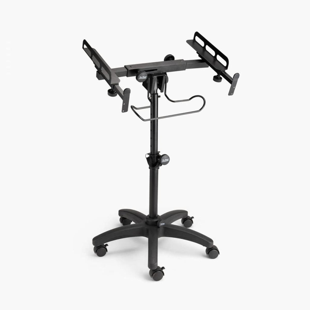 OnStage MIX-400 V2 Mobile Mixer Stand: Rolling platform for mixers, laptops, controllers. Height adjustable (28'-38'), rackmount compatible, headphone hanger. Portable, black finish.