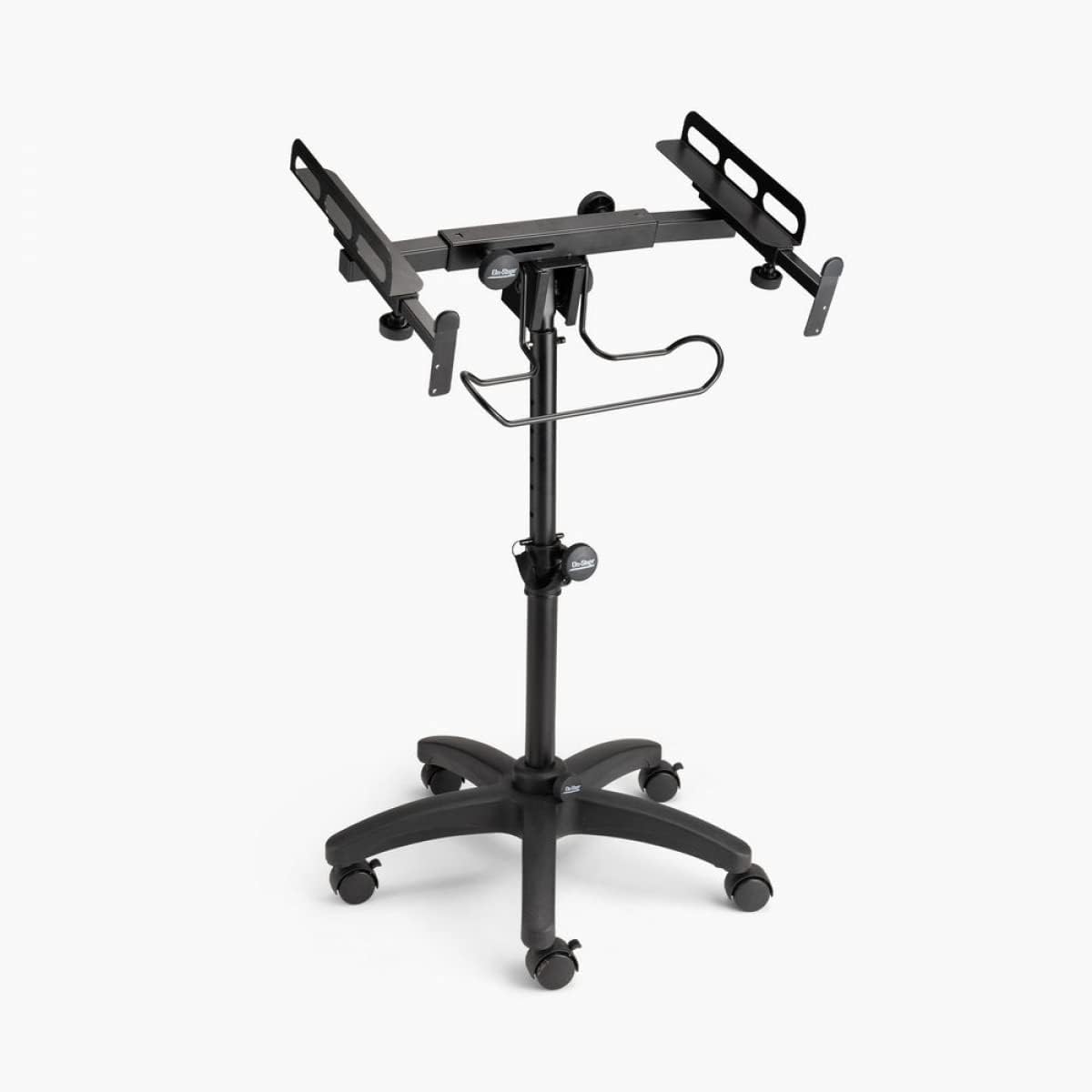 OnStage MIX-400 V2 Mobile Mixer Stand: Rolling platform for mixers, laptops, controllers. Height adjustable (28'-38'), rackmount compatible, headphone hanger. Portable, black finish.