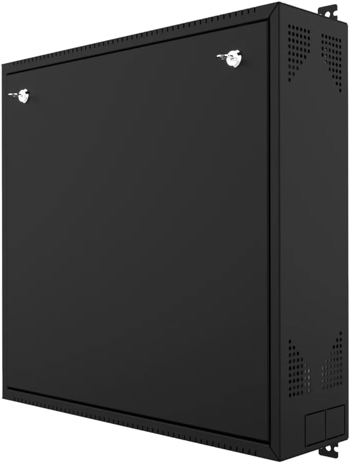 Wall-Mount DVR/NVR Security Enclosure, Lockable Steel Cabinet with 1U Adjustable Rail, Ventilated, 22″ W × 21.2″ H × 5.9″ D, Black (RAL 9005) – STURDX