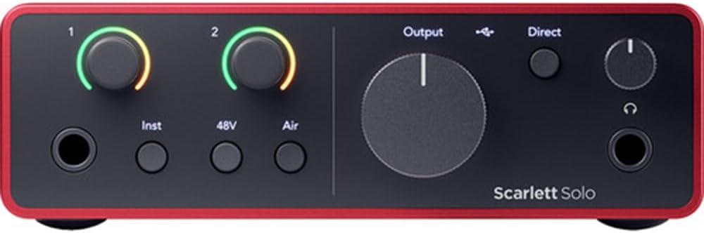 Focusrite Scarlett Solo Studio USB-C Audio Interface with Microphone and Headphones (4th Generation) Bundle with Clamp On Headphone Holder, Tripod Mic Stand + Boom, Kellopy Pop Filter & XLR Cable