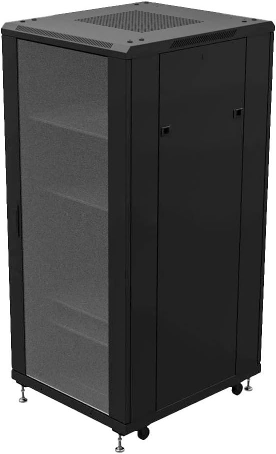 NavePoint 27U Network Cabinet - 19' AV Cabinet for Home, Studio, or Office IT Equipment Rack Enclosure, 28' Deep with Casters, Cooling Vents, Lockable Door & (4) 450mm Shelves - Assembled, Black