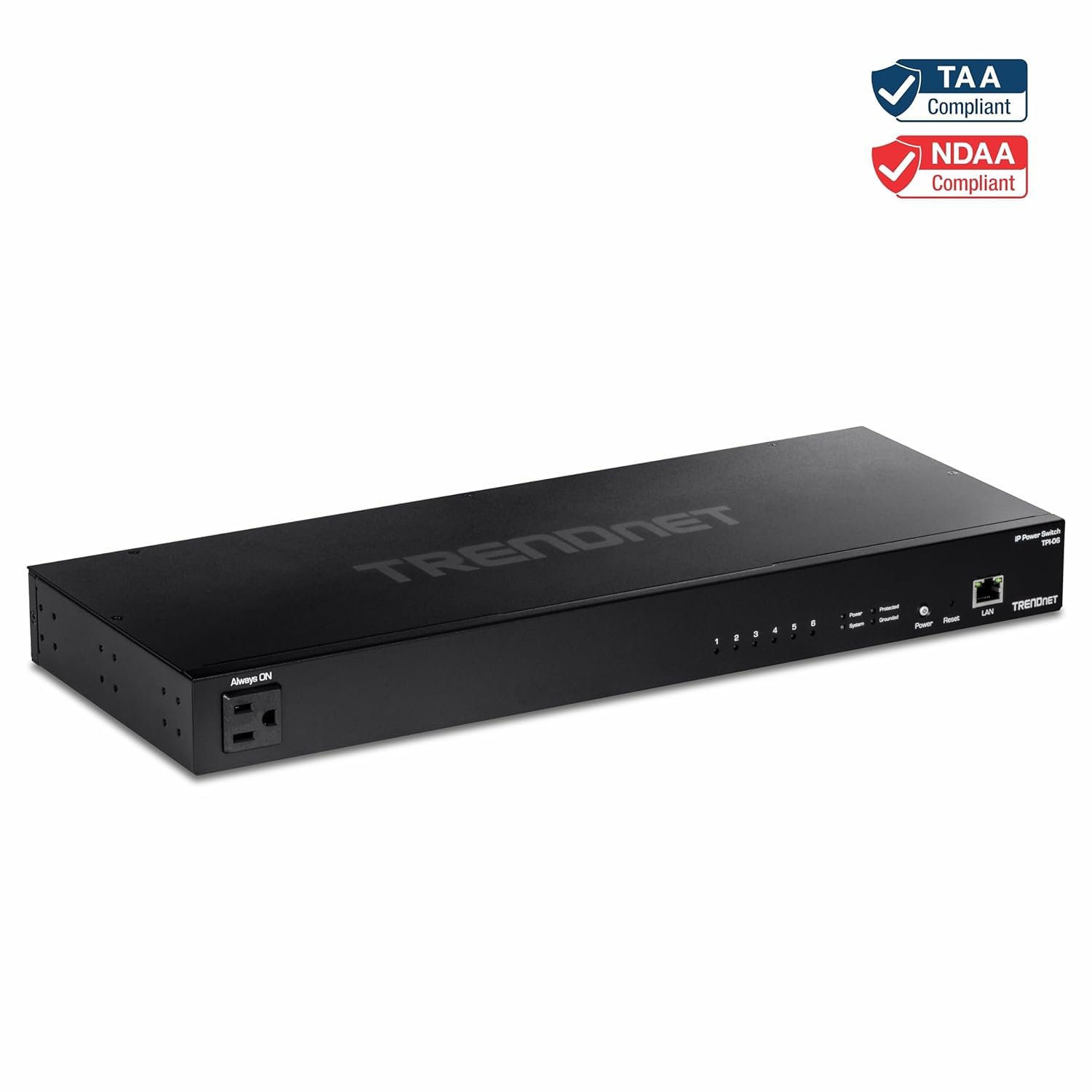 TRENDnet 6-Outlet Managed PDU, TPI-06, Rackmount Power Distribution Unit, UL Certified, 1 x NEMA 5-15R Bypass Power Outlet, 1 x Gigabit RJ-45 Port, Overload Protection, Surge Protection 2160J, Black