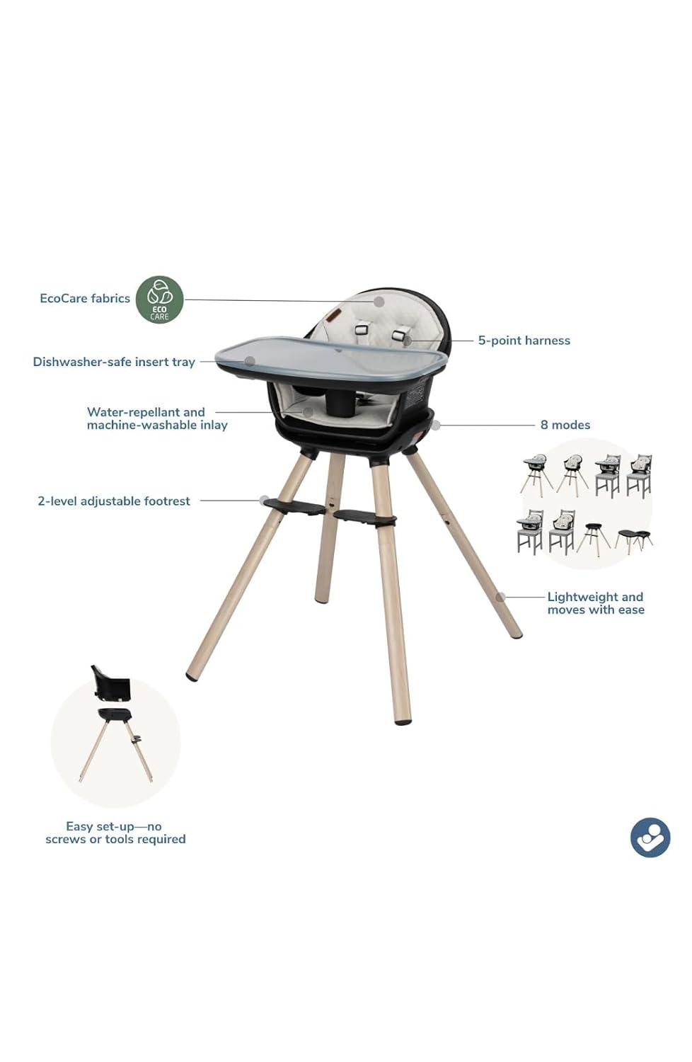 Maxi-Cosi Moa 8-in-1 High Chairs for Babies and Toddlers, Machine Washable Infant High Chair, Compact, Convertible High Chair Lightweight Design, Onyx Sand