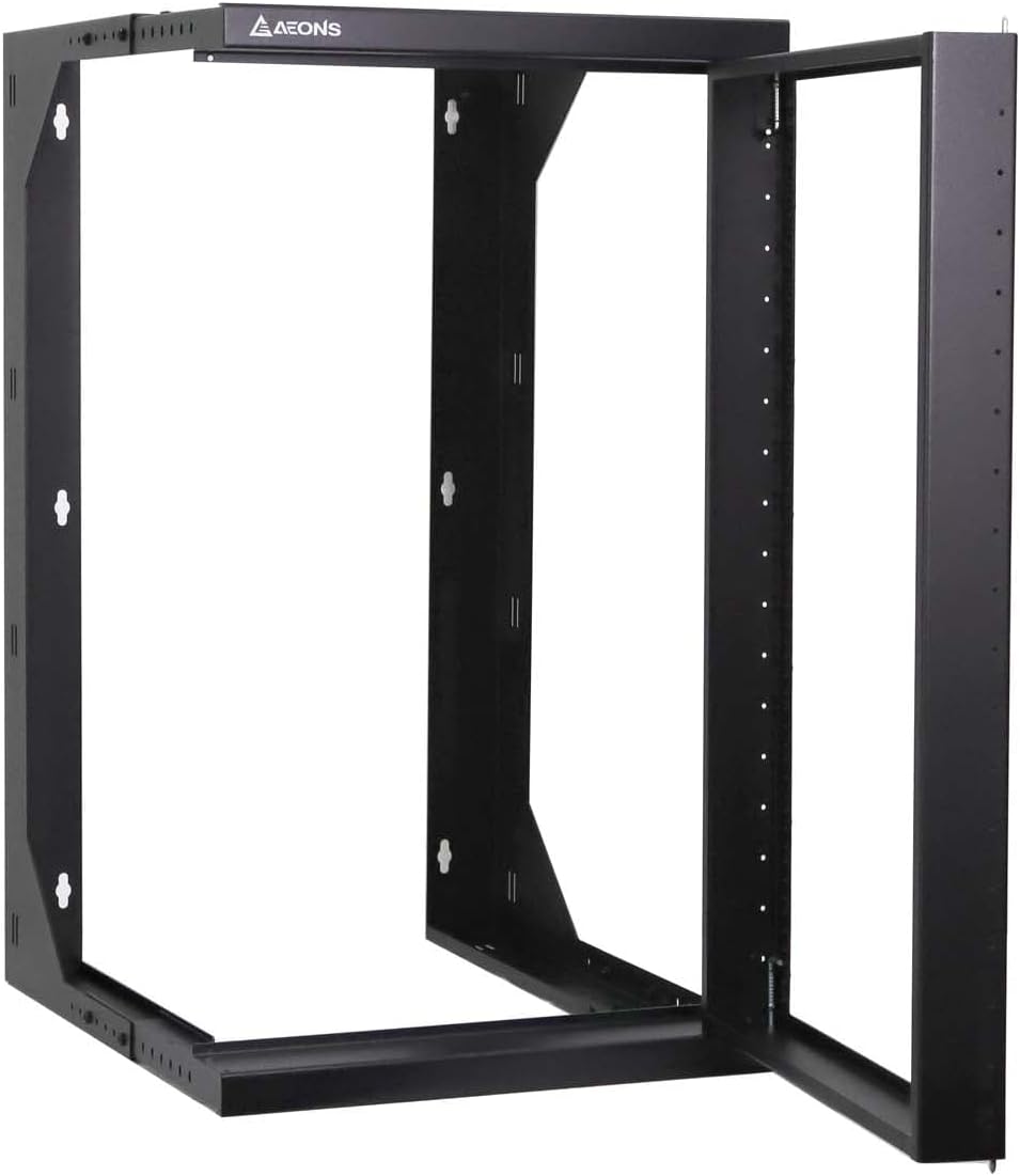 AEONS 18U Wall Mount Server Rack IT Open Frame Swing Gate 19 Inch Depth-Adjustable Rack with Swing Out Hinged Gate Black