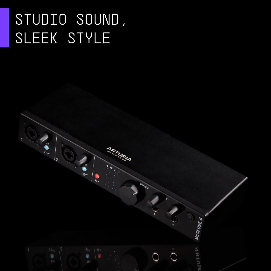 Arturia - MiniFuse 4 - Compact USB Audio & MIDI Interface with Creative Software for Recording, Production, Podcasting, Guitar - Black