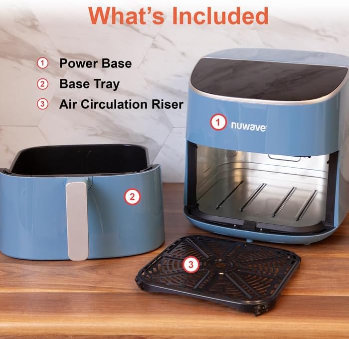 Nuwave 8QT Brio Air Fryer Plus Cozy Blue, Digital LED Touch Screen with Cool White Display, 50°F~400°F in Precise 5°, 3 Wattage Alternatives, 5 Cook Functions, 50 Memory, PFAS Free, New & Improved