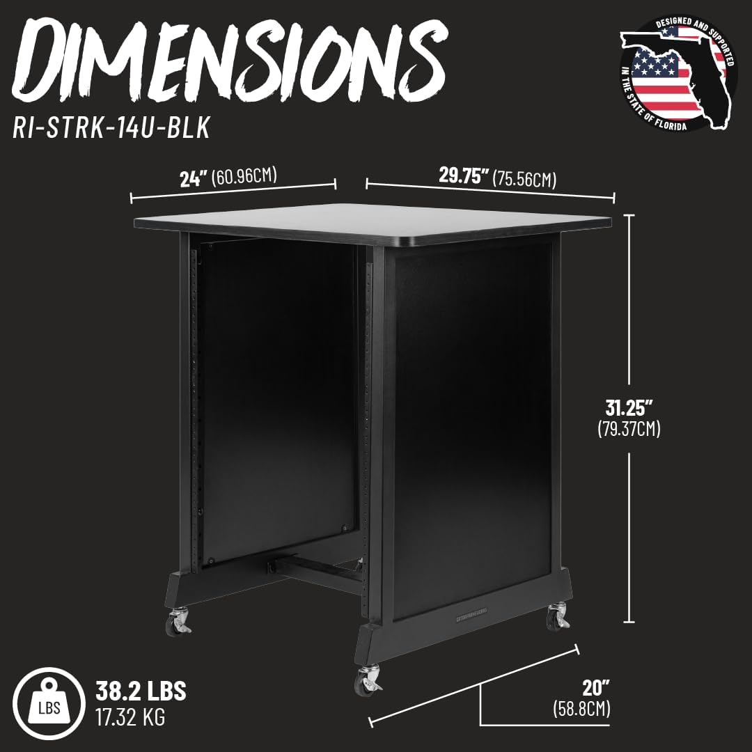 Gator Frameworks Rok-It Studio Series 14U Wood Rack Cabinet with Casters and Leveling Feet, Black (RI-STRK-14U-BLK)