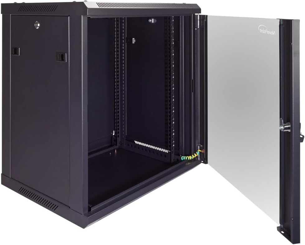 NavePoint 12U Server Cabinet Wall Mount Rack Enclosure Includes 2 Fans, Locking Glass Door, Removable Side Panels – 12U Network Cabinet 17.7' Deep, 19 Inch Server Rack for IT and A/V Equipment