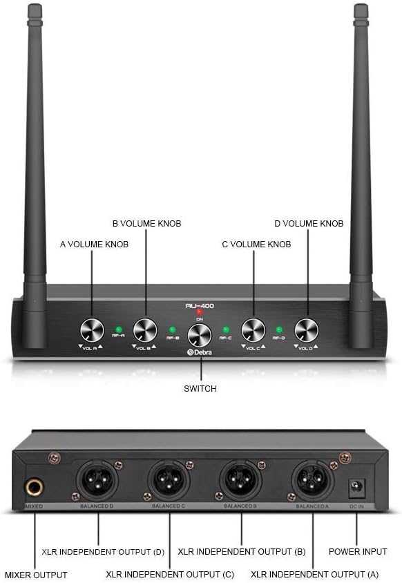 Debra Audio Pro UHF 4 Channel Wireless Microphone System with Cordless Handheld Lavalier Headset Mics, Metal Receiver, Ideal for Karaoke Church Party (with 4 Bodypack (A))