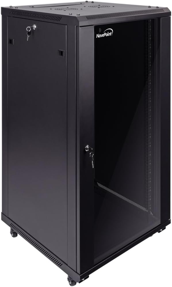 NavePoint 22U Server Cabinet Wall Mount Rack Enclosure with Caster Wheels, 2 Fans, Locking Glass Door, Removable Side Panels – 22U Network Cabinet 23.6' Deep, 19' Server Rack for A/V Equipment