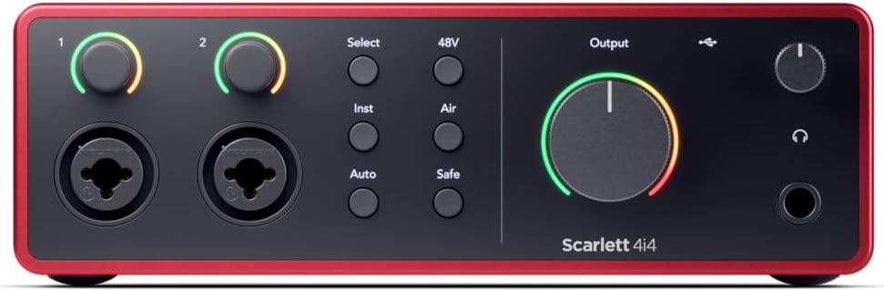 Focusrite Scarlett 4i4 4th Gen USB-C Audio Interface Recording Bundle with LyxPro Condenser Microphone, Headphones, Pop Filter, Shock Mount, Stand, XLR Cable & Software Pack