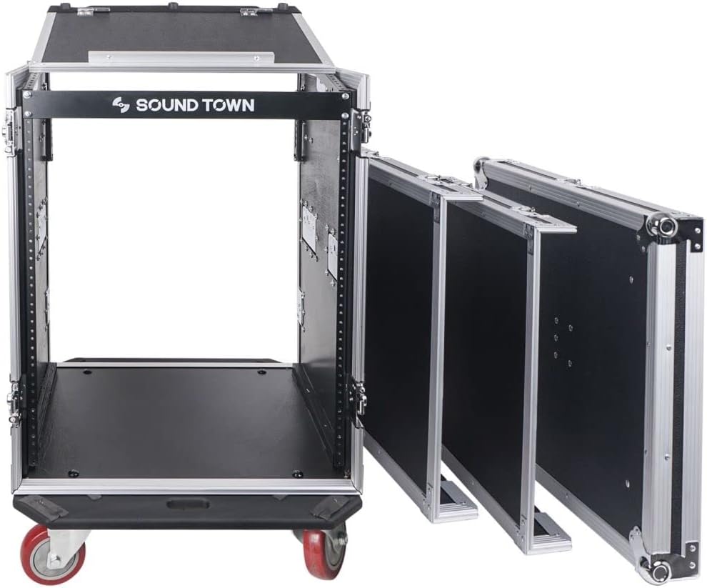 Sound Town Heavy-Duty 1/2' (12mm) Plywood 14U PA DJ Rack/Road ATA Case with 11U Slant Mixer Top, 20'' Rackable Depth, DJ Work Table and Casters, 14 Space Size, Pro Tour Grade (STMR-14UWT)