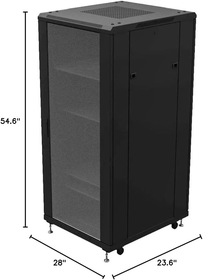 NavePoint 27U Network Cabinet - 19' AV Cabinet for Home, Studio, or Office IT Equipment Rack Enclosure, 28' Deep with Casters, Cooling Vents, Lockable Door & (4) 450mm Shelves - Assembled, Black