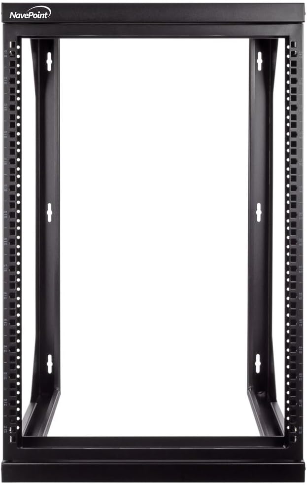 NavePoint 15U Open Frame Server Rack for 19' IT Network Equipment & A/V Devices, Free Standing or Wall Mount Rack with 180 Degrees Gate Swing, Black