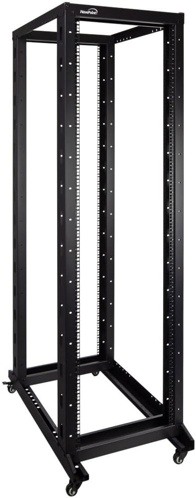 NavePoint 42U Server Rack, 4-Post Open Frame Rack for 19' Networking Equipment, 1000mm, Stationary/Casters, Black Steel, Max Weight Capacity 881 Lbs