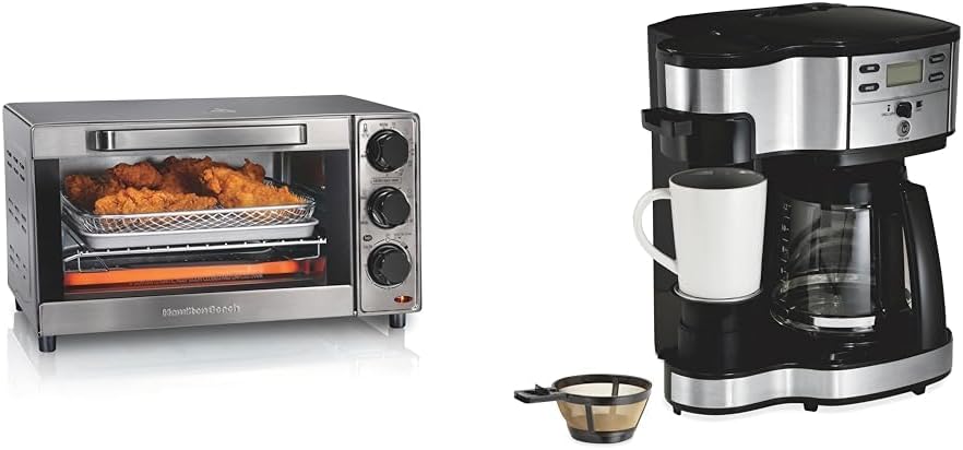 Hamilton Beach Sure-Crisp Toaster Oven Air Fryer Combo, Fits 9' Pizza, 4 Slice Capacity & 2-Way 12 Cup Programmable Drip Coffee Maker & Single Serve Machine, Glass Carafe