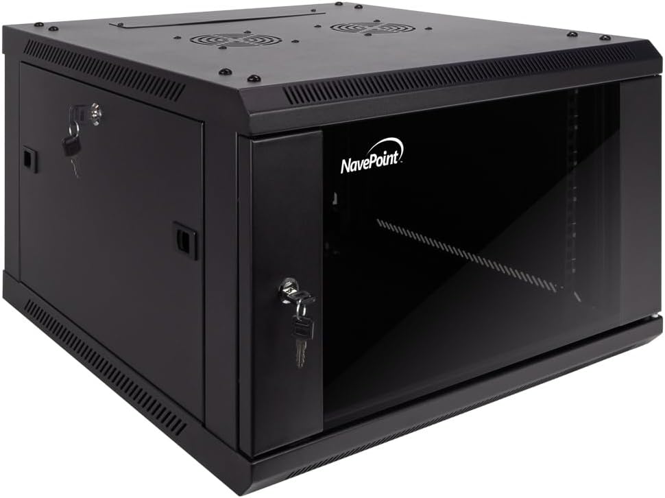 NavePoint 6U Server Cabinet Wall Mount Rack Enclosure Includes 2 Fans, Locking Glass Door, Removable Side Panels – 6U Network Cabinet 23.6' Deep, 19 Inch Server Rack for IT and A/V Equipment