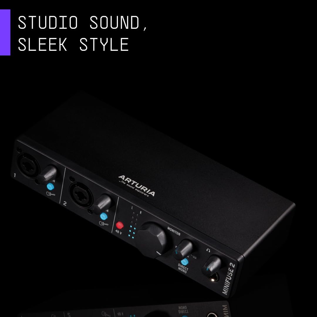 Arturia - MiniFuse 2 - Compact USB Audio & MIDI Interface with Creative Software for Recording, Production, Podcasting, Guitar - Black