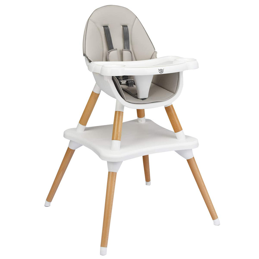 HONEY JOY Baby High Chair, 6-in-1 Convertible Wooden Highchair for Babies and Toddlers/Table Set/Toddler Chair with Safety Harness, 4-Position Removable Feeding Tray (Gray)