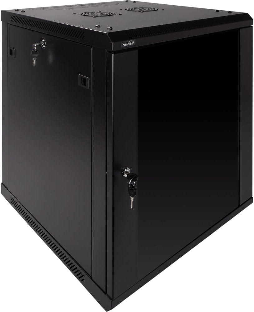 NavePoint 12U Server Rack Enclosure - 23.6' Deep, 12U Wall Mount Network Cabinet with Locking Glass Door for 19' IT Equipment, 12U Network Rack with 2 Fans, Removable Side Panels, Black