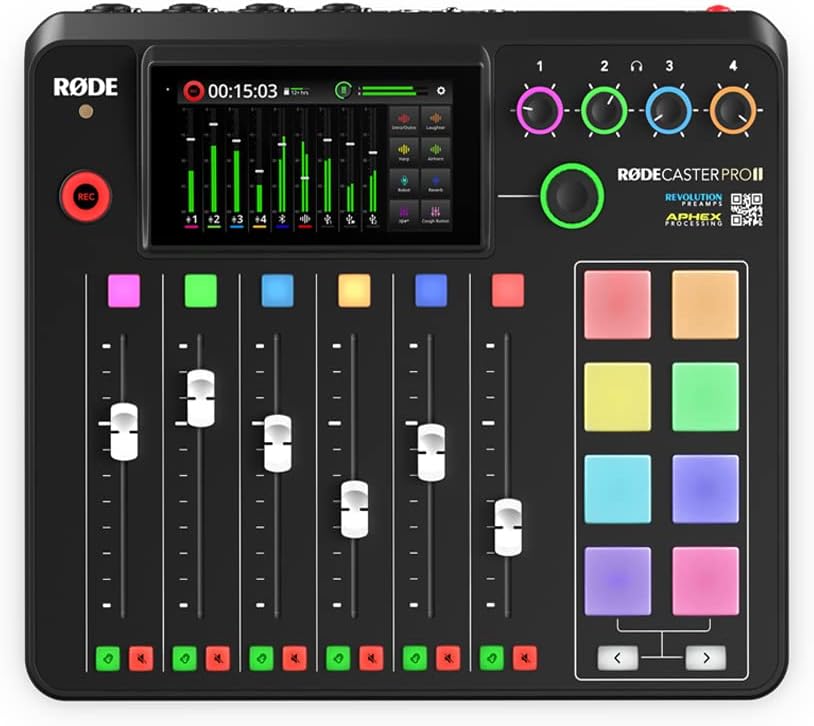 Rode RODECaster Pro 2 Podcast Mixer Bundle with 4 Zoom ZDM-1 Microphone Packs, Headphones, Boom Arms, Stands, XLR Cables, 32GB SD — Complete 4-Person Podcasting Kit