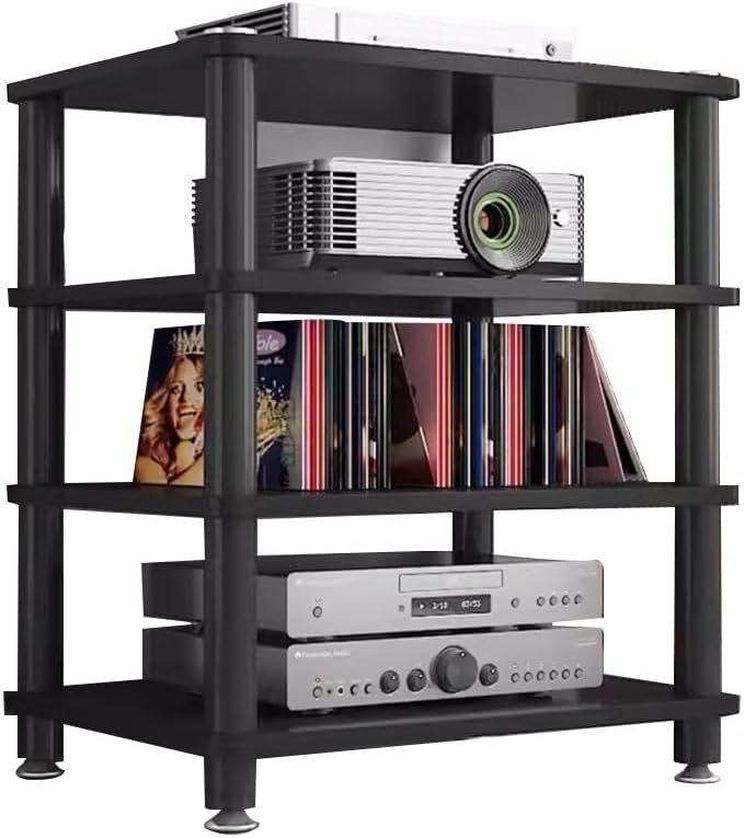 Media Storage Cabinet Rack Audio Tower, Modern Audio-Video Media Stand, 1/2/3/4-Tier Media Cabinet, Wood Stereo Cabinet(Black,4 Tier)