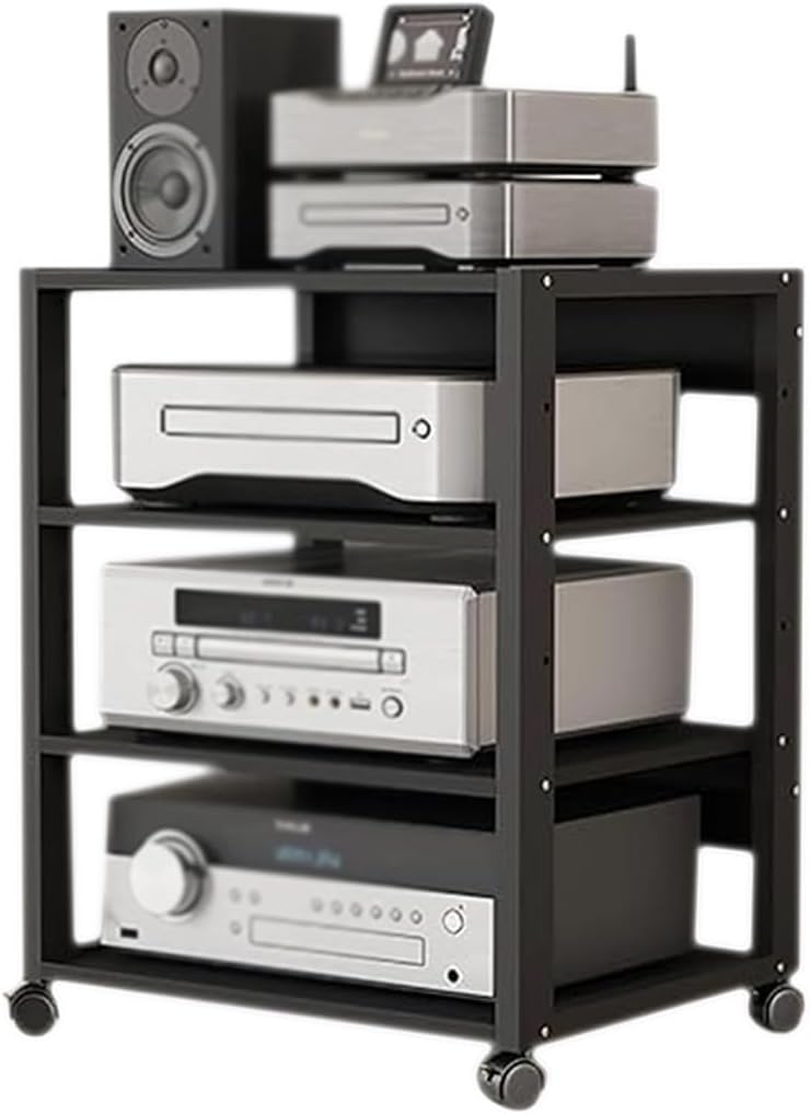 4 Tier Audio Rack Tower, CD Record Player Stereo Receiver AV Equipment Cabinet Display Rack, Weight Capacity 661 lbs, with Adjustable Wooden Shelves for Home (4 Tier Black)