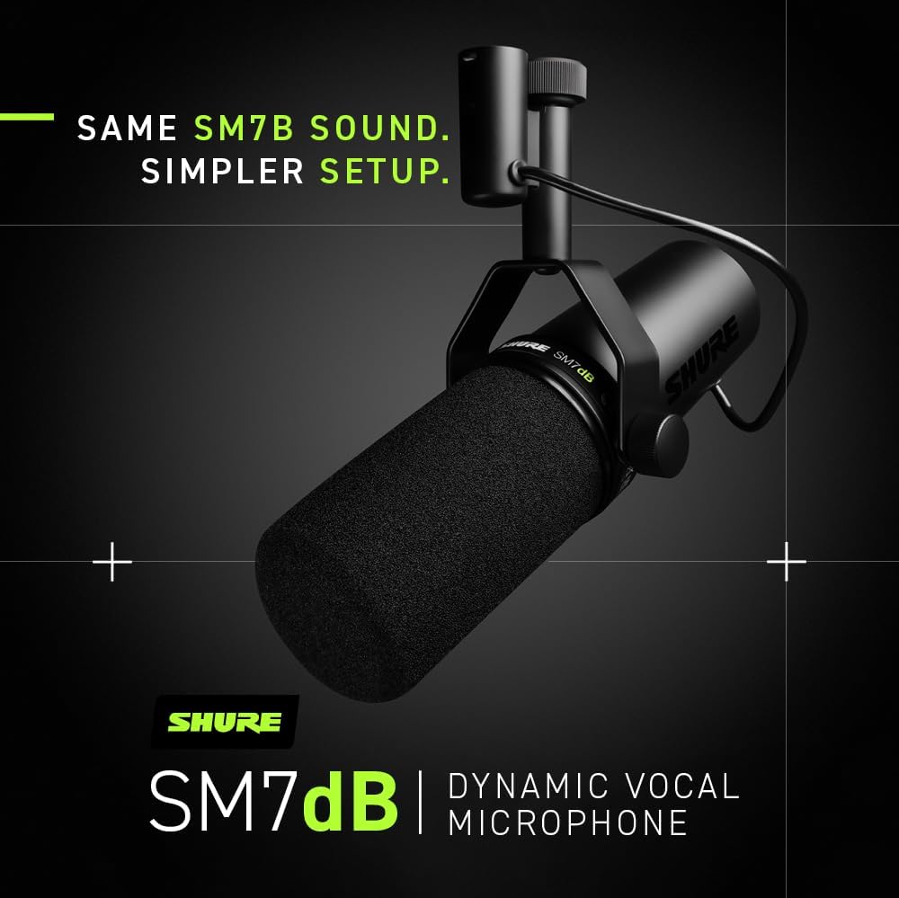 Shure SM7dB Dynamic Studio Microphone with Built-in Preamp – XLR Mic for Podcasting, Streaming & Vocal Recording, Wide Frequency Range, Smooth Warm Audio, Detachable Windscreen, Black