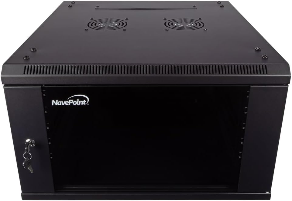 NavePoint 6U Server Cabinet Wall Mount Rack Enclosure Includes 2 Fans, Locking Glass Door, Removable Side Panels – 6U Network Cabinet 23.6' Deep, 19 Inch Server Rack for IT and A/V Equipment