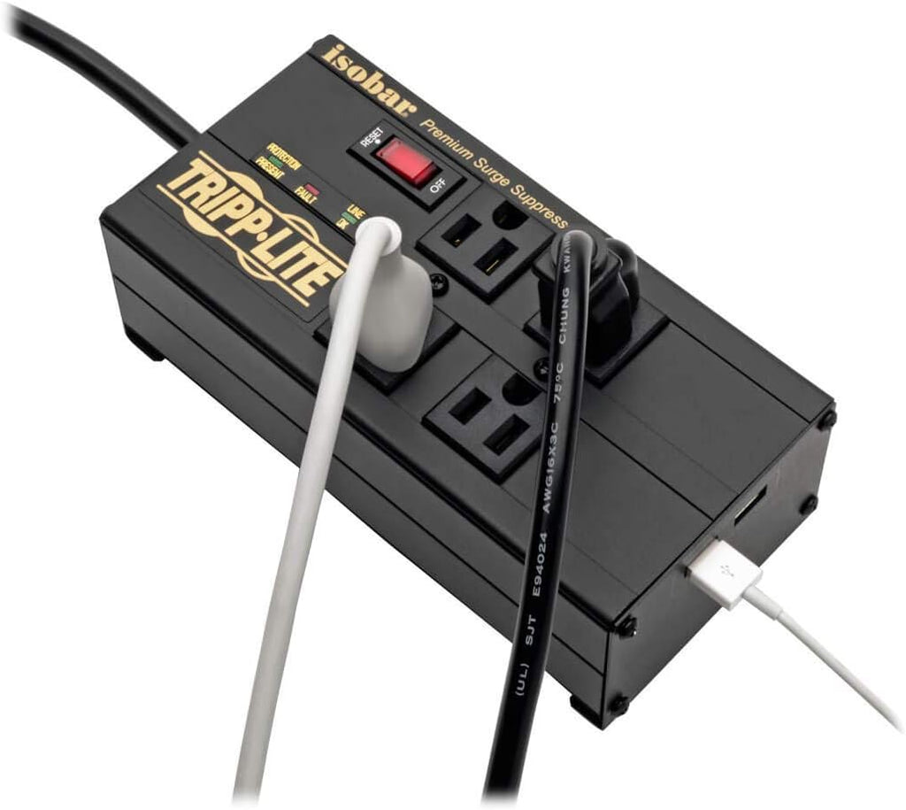 Tripp Lite Isobar 4 Outlet Surge Protector Power Strip with 2 USB Charging Ports, 8ft Long Cord, Right-Angle Plug, Metal, 3330 Joules, Lifetime Limited Warranty & $50K Insurance (IBAR4ULTRAUSBB)