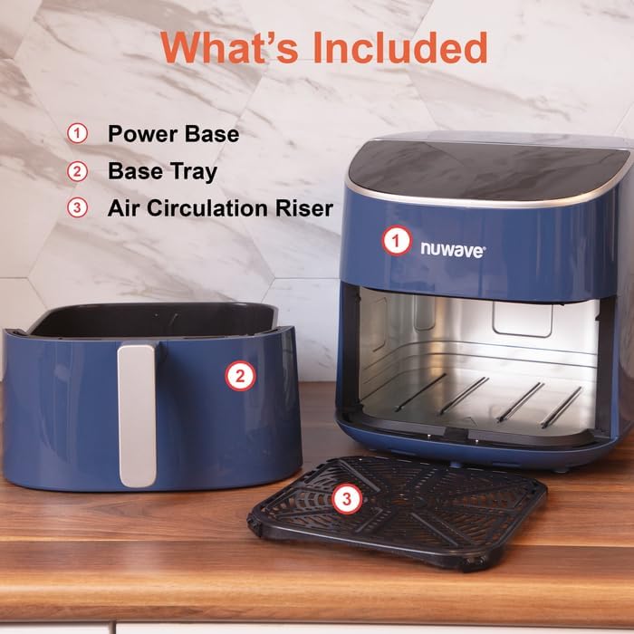 Nuwave 8QT Brio Air Fryer Plus Deep Blue, Digital LED Touch Screen with Cool White Display, 50°F~400°F in Precise 5°, 3 Wattage Alternatives, 5 Cook Functions, 50 Memory, PFAS Free, New & Improved
