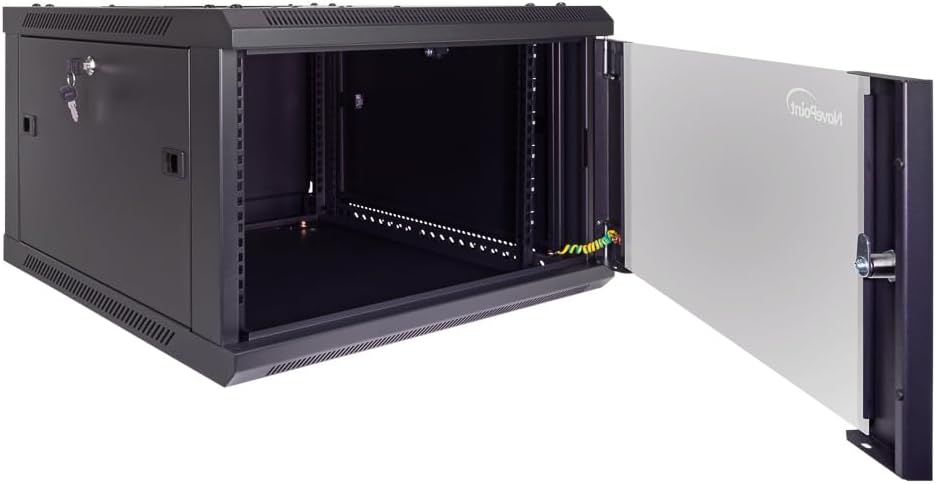 NavePoint 6U Server Cabinet Wall Mount Rack Enclosure Includes 2 Fans, Locking Glass Door, Removable Side Panels – 6U Network Cabinet 23.6' Deep, 19 Inch Server Rack for IT and A/V Equipment