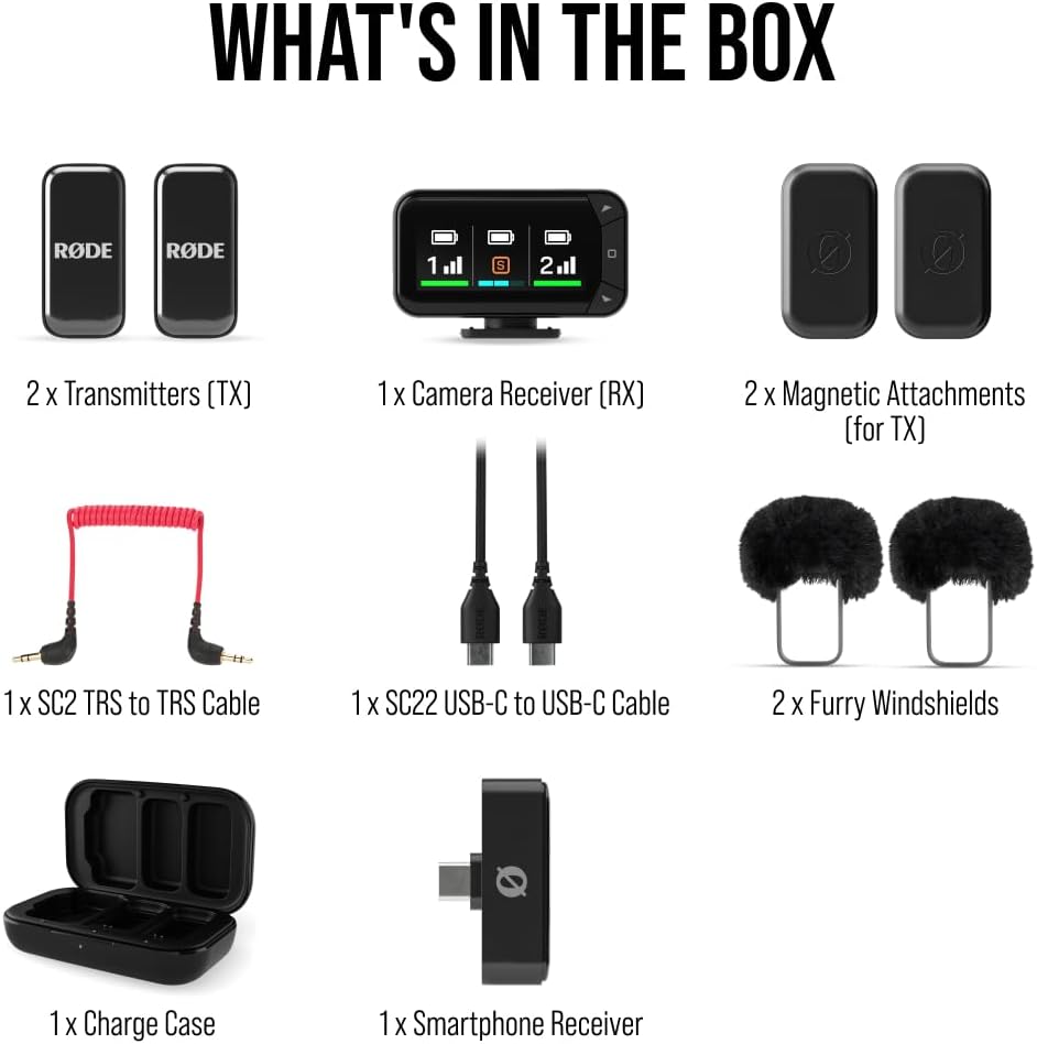RØDE Wireless Micro - Compact Wireless Microphone Camera Kit, Two Mics with Camera Receiver, Smartphone Receiver, and Charge Case for Content Creation - USB-C, Black