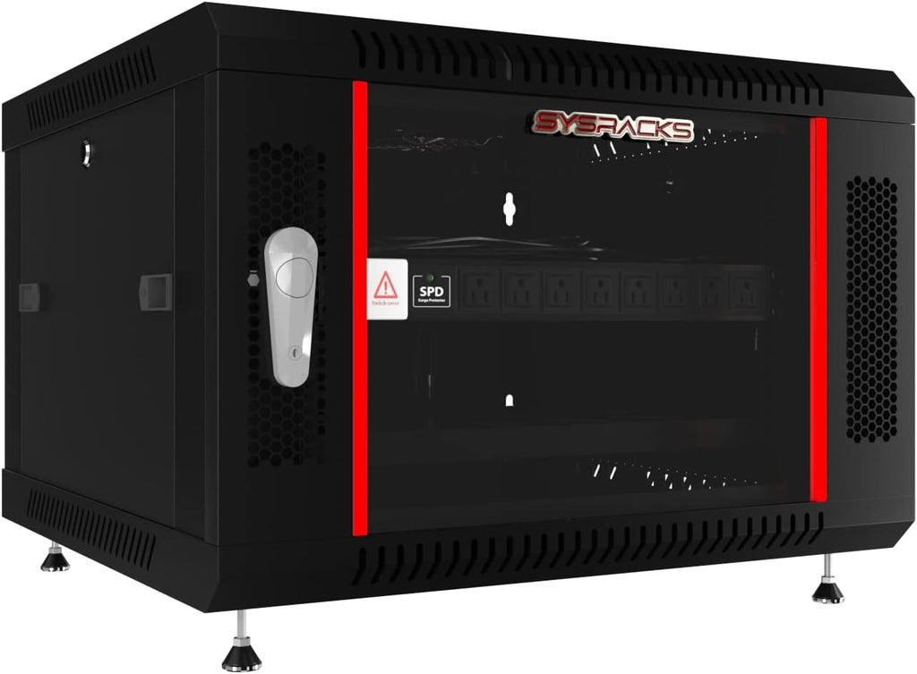 Sysracks 6U Wall Mount Network Data Server Cabinet Rack Lockable Enclosure Box - Fan - Shelf - 8-Way PDU - Feet - Cage Hardware - Dust Tight Grommets