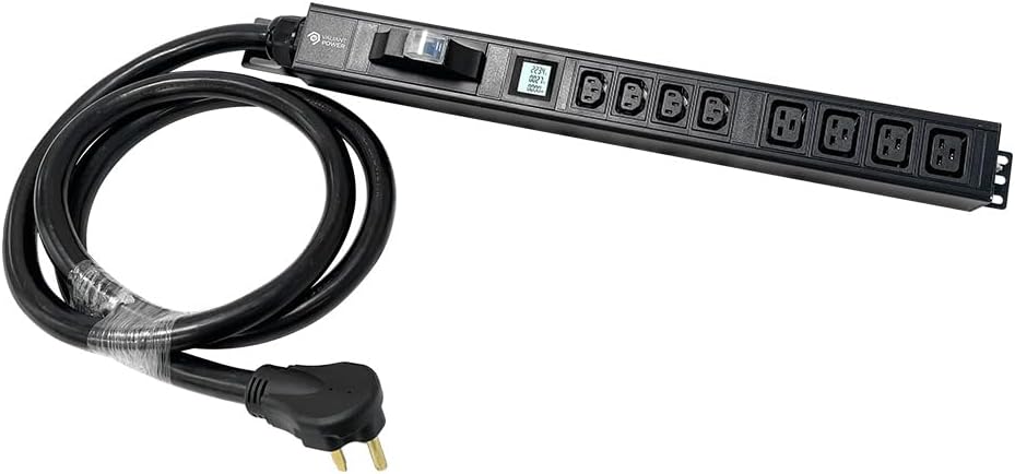 Surge Protection, Metered, Rack Mount PDU, Basic 220v/50a, L6-50P Input, (4-C13 & 4C19) Outlets, 1U Vertical Rackmount (C13) 3 Year Warranty 12,000 Watts Crypto Mining