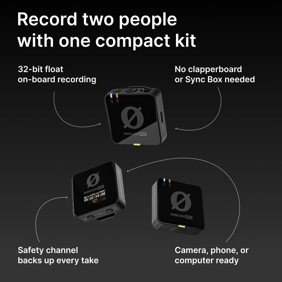 RØDE Wireless PRO Compact Wireless Microphone System with Timecode, 32-bit Float On-board Recording, 2 Lavalier Microphones and Smart Charge Case for Filmmaking and Content Creation
