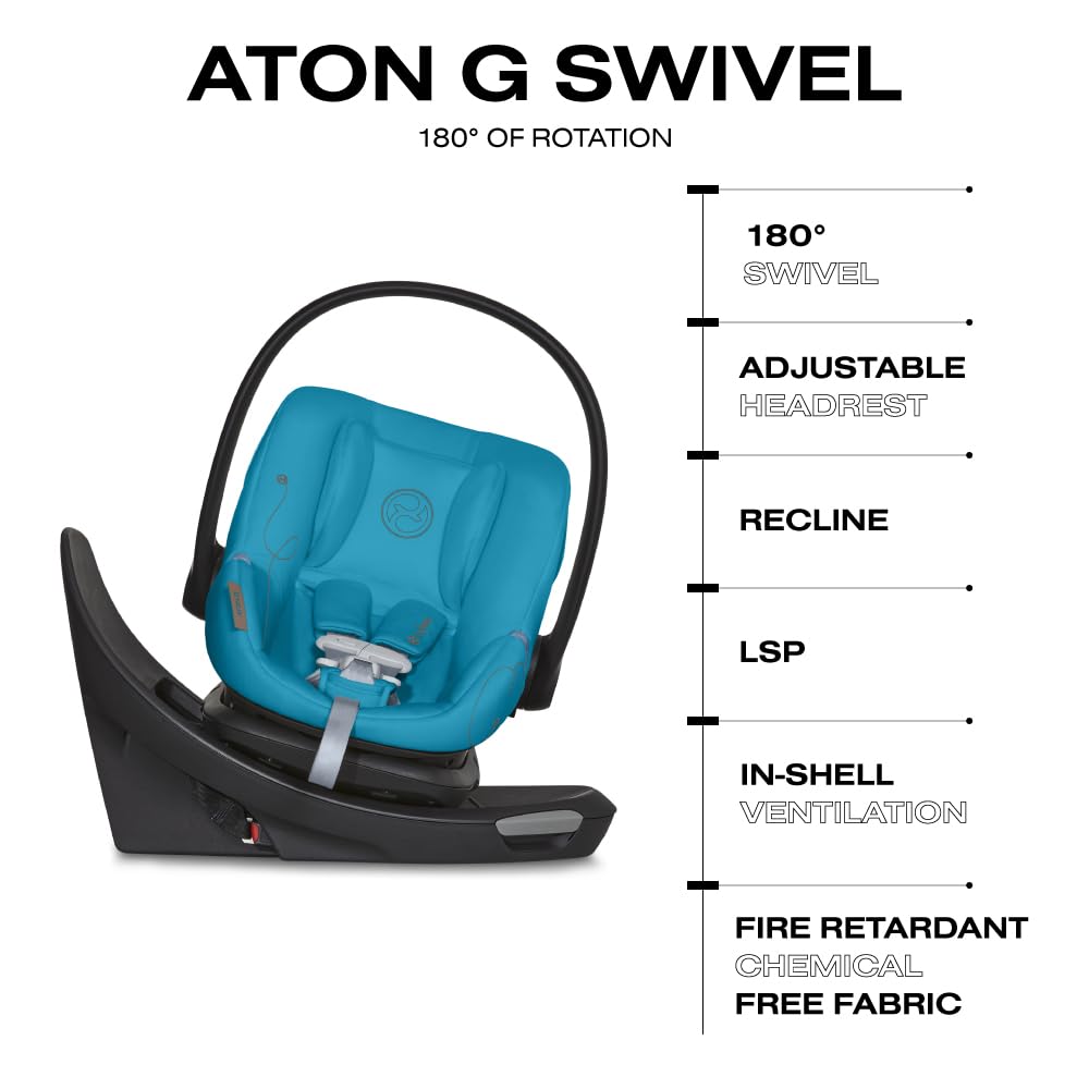 Cybex Aton G Swivel Infant Car Seat with 180-Degree Rotate, Linear Side-Impact Protection, 11-Position Headrest, SensorSafe & Safelock Base, Beach Blue