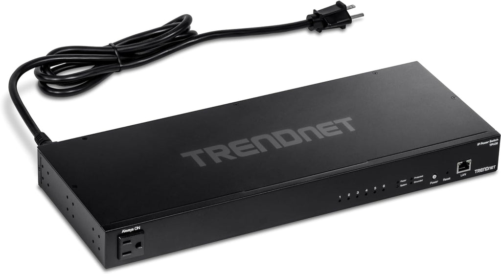 TRENDnet 6-Outlet Managed PDU, TPI-06, Rackmount Power Distribution Unit, UL Certified, 1 x NEMA 5-15R Bypass Power Outlet, 1 x Gigabit RJ-45 Port, Overload Protection, Surge Protection 2160J, Black