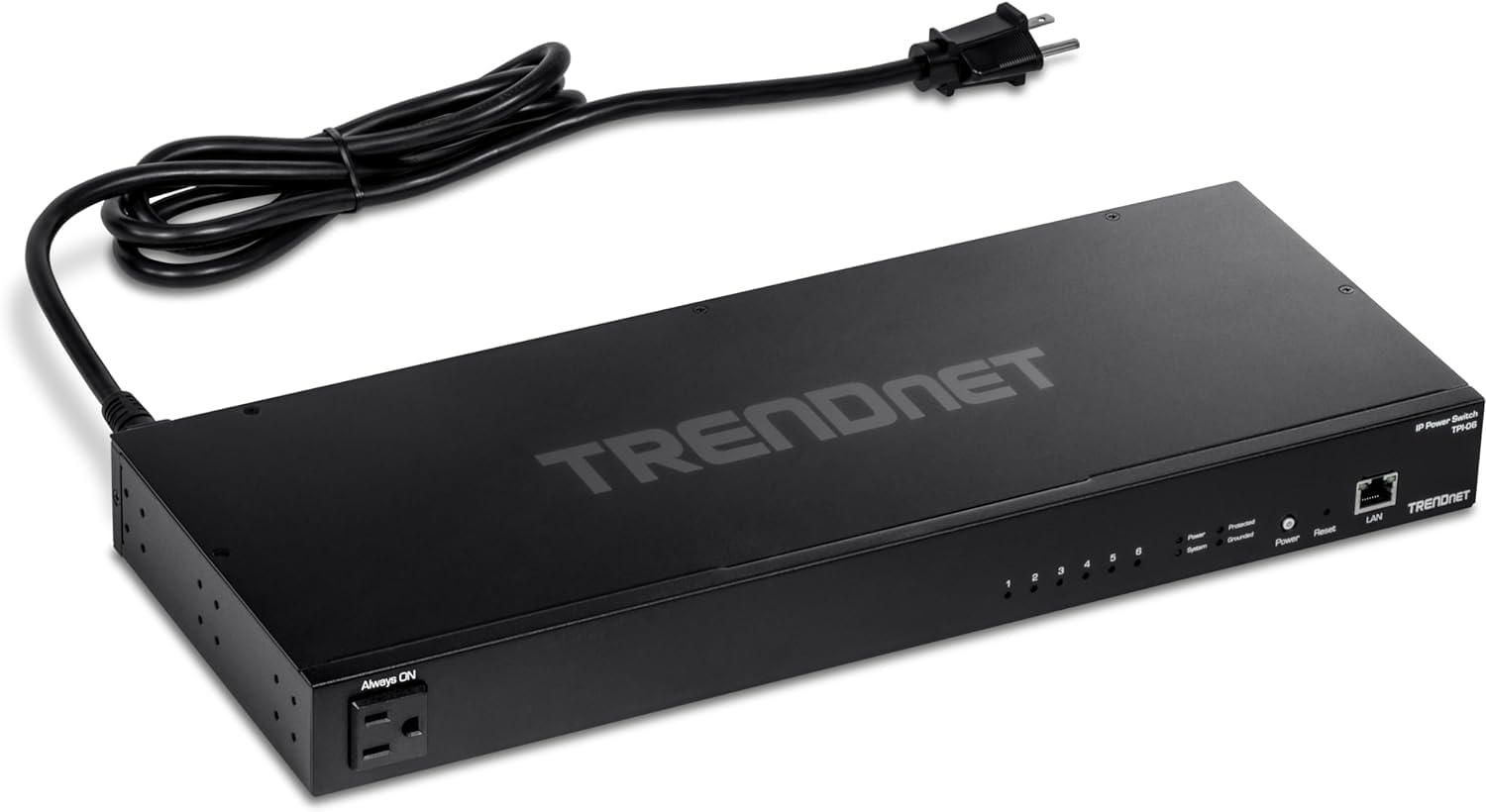 TRENDnet 6-Outlet Managed PDU, TPI-06, Rackmount Power Distribution Unit, UL Certified, 1 x NEMA 5-15R Bypass Power Outlet, 1 x Gigabit RJ-45 Port, Overload Protection, Surge Protection 2160J, Black