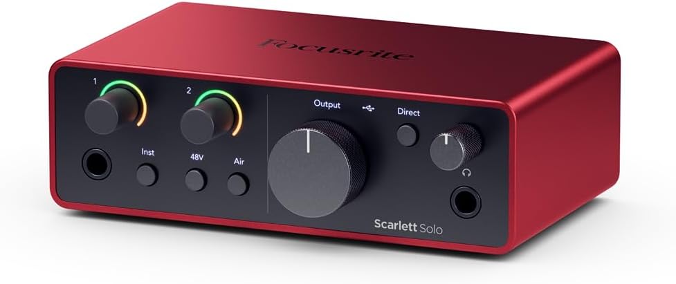 Focusrite Scarlett Solo 4th Gen 2-in/2-out USB-C Audio Interface Studio Bundle with Condenser Mic, HAS-10 Headphones, Shockmount, Stand, Pop Filter, XLR & USB Cables + Creative Production Software Kit