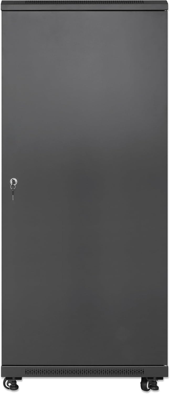 Intellinet 27U Network Server Rack Enclosure Cabinet with Integrated Fans – IP20 Rated, Reversible Tempered-Glass Front Door, Removable Side Panels – 3 Yr Mfg Warranty